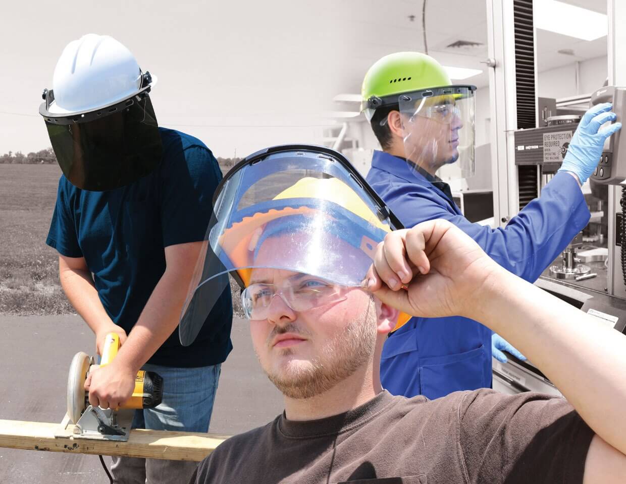 A construction worker wearing a face shield